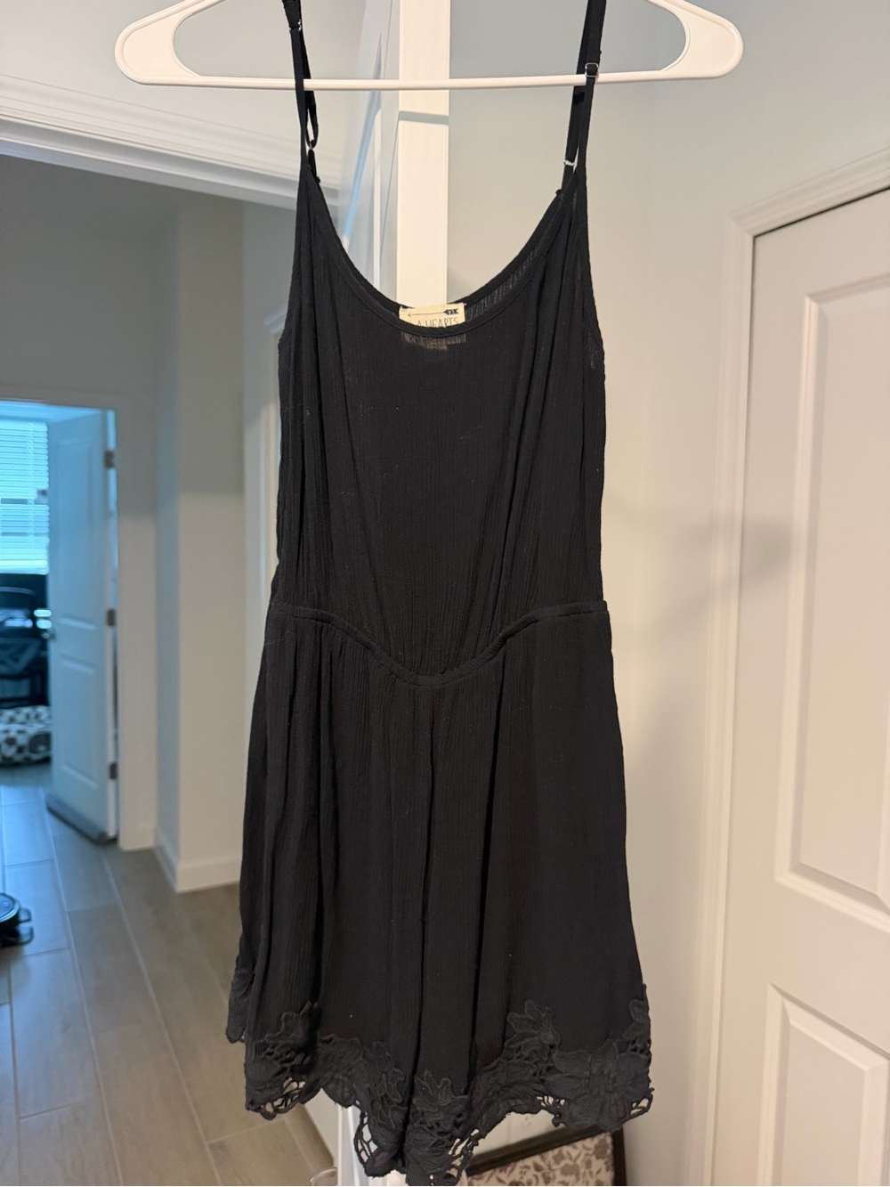 La Hearts Black Spaghetti Strap Romper with Lace Hem